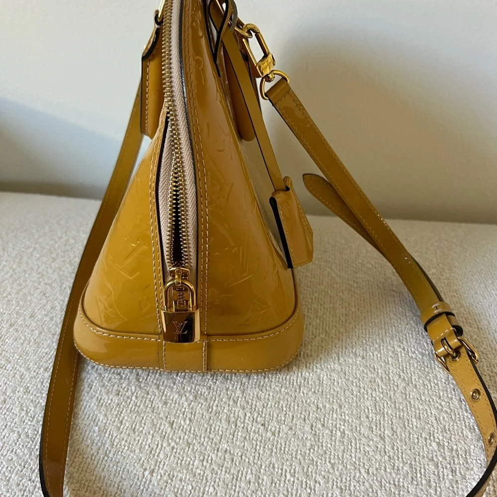 Authentic Louis Vuitton Monogram Vernis Alma Handbag – Mustard/Golden Yellow
